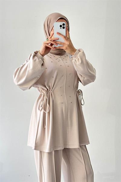 Taşlı İkili Takım Krem