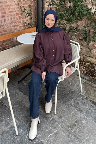 Geniş Yakalı Biyeli Gömlek Mürdüm