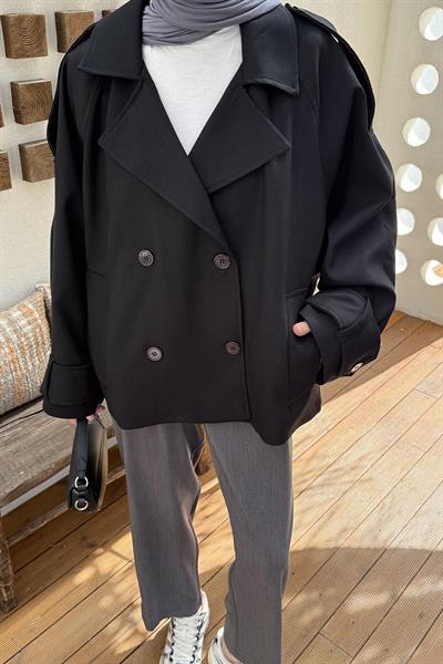 Kruvaze Kısa Tesettür Trençkot Siyah