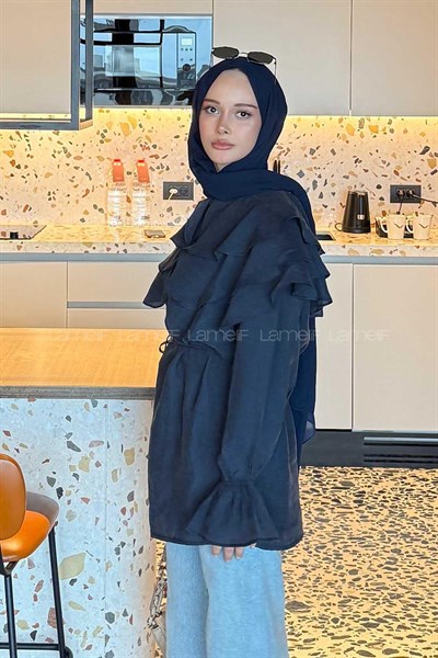 Volan Detaylı Kol Büzgülü Gömlek Lacivert