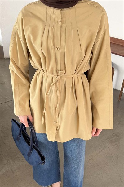 Piliseli Geniş Kol Gömlek Bej