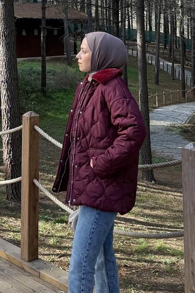 Kürk Yaka Şişme Mont Bordo