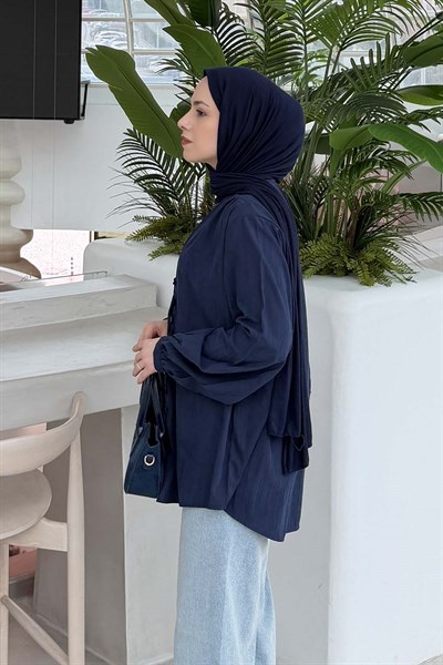 Brit düğmeli V Yaka Gömlek Lacivert