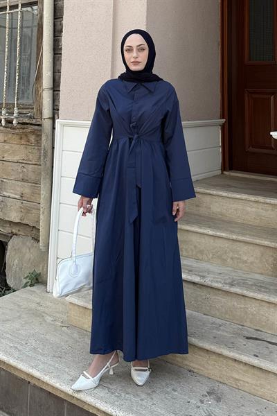 Ön Bağlama Detaylı Tesettür Elbise Lacivert