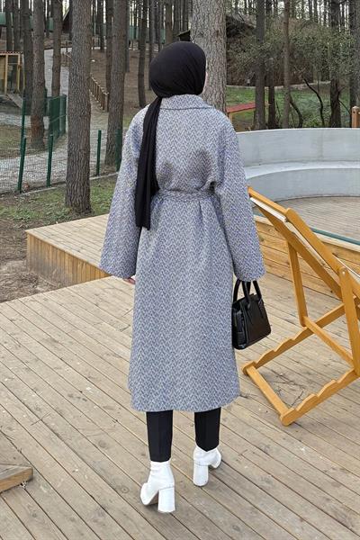 Balıksırtı Desen Bağlama Detaylı Kaban Gri