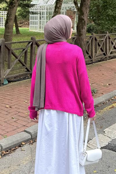Kayık Yaka Triko Kazak Fuşya