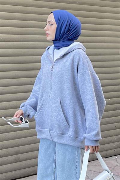 Kapüşonlu Oversize Yan Cepli Sweat Gri