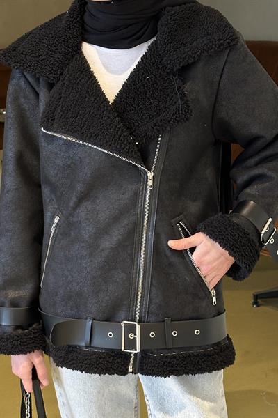 İçi Kürklü Biker Süet Mont Siyah