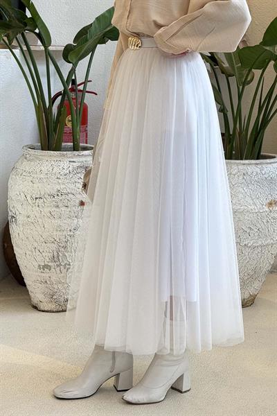 Pileli Kemerli Tül Etek Beyaz