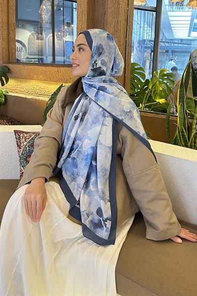 Batik Çiçek Desen Bambu Şal İndigo