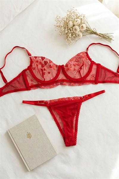 Kalp Desen Bralet Takım Sütyen Takımı Kırmızı