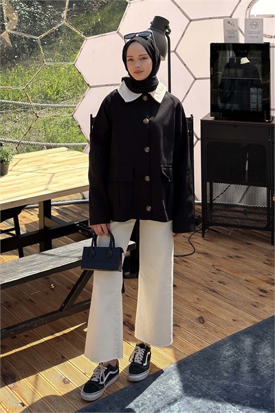 Yaka Detaylı Düğmeli Gabardin Ceket Siyah