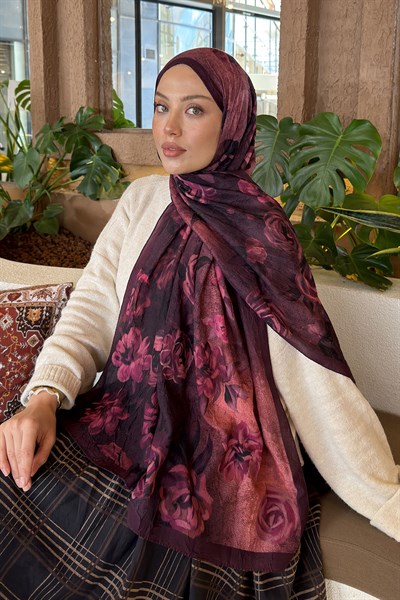 Çiçek Desen Bambu Şal Vişne