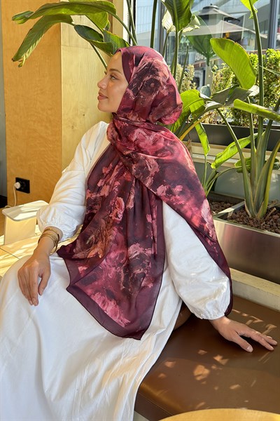 Gül Çiçek Desen Lara Soft Şal Bordo