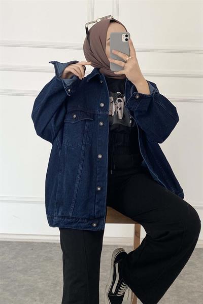 Çift Cepli Oversize Ceket Koyu Mavi