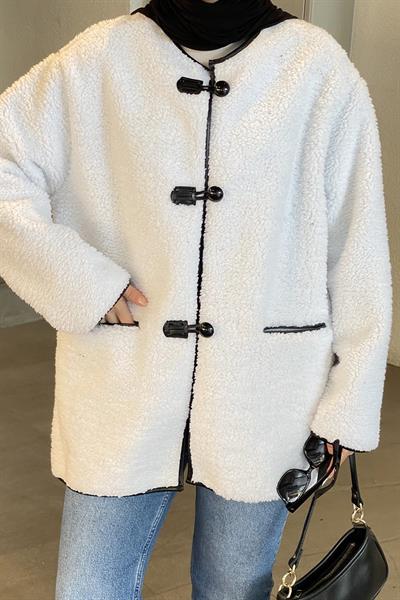 Teddy Düğmeli Çoban Mont Beyaz