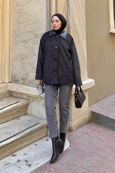 Deri Yaka Mont Siyah