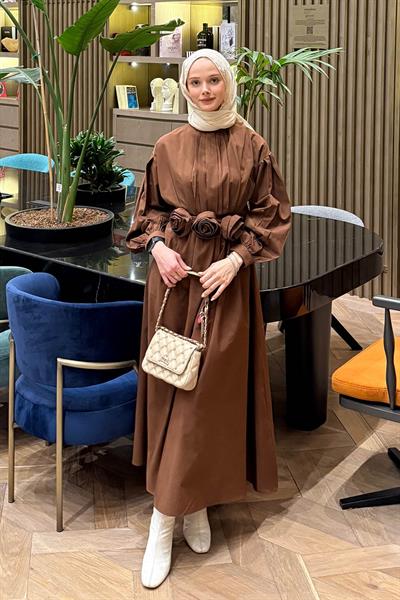 Pileli Poplin Elbise Acı Kahverengi