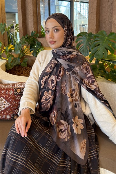 Çiçek Desen Bambu Şal Soft Kahve