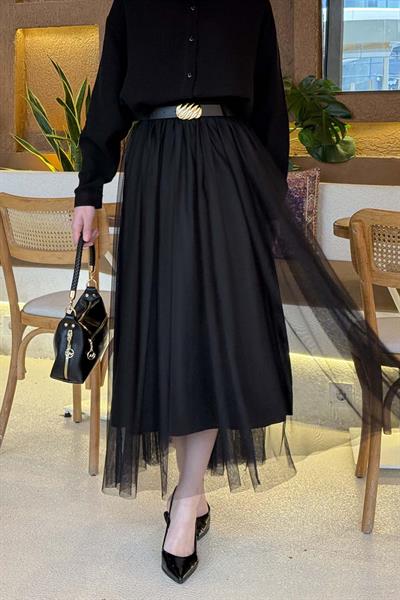 Pileli Kemerli Tül Etek Siyah