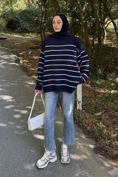 Çizgili Triko Kazak Lacivert