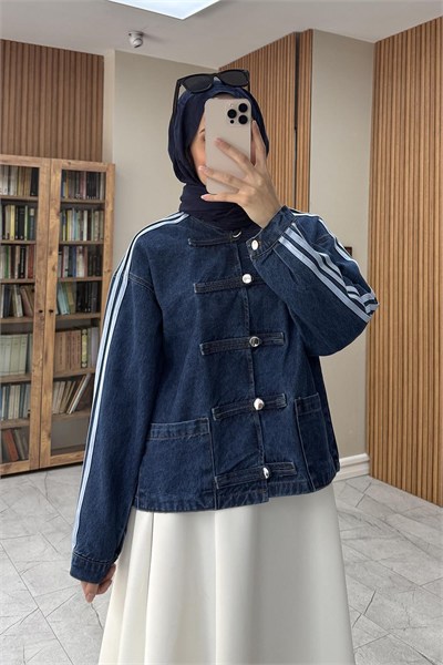 Şerit Detaylı Birit Düğmeli Denim Ceket Koyu Mavi