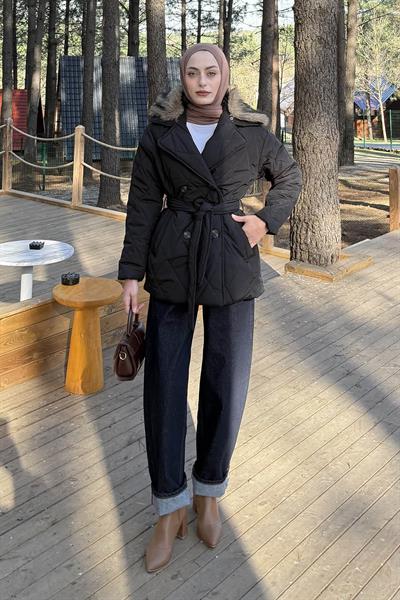 Kürk Yaka Bağlama Detaylı Mont Siyah