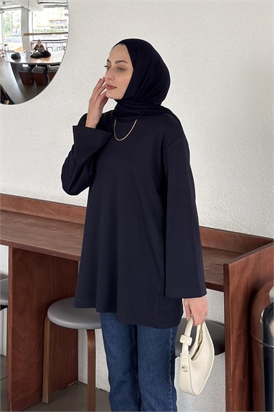 Bisiklet Yaka Basic Bluz Lacivert