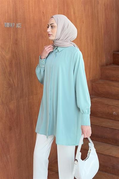 Gizli Düğme Detaylı Tesettür Tunik Mint Yeşili