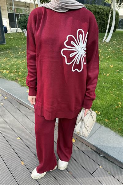 Çiçek Detaylı Triko Takım Bordo