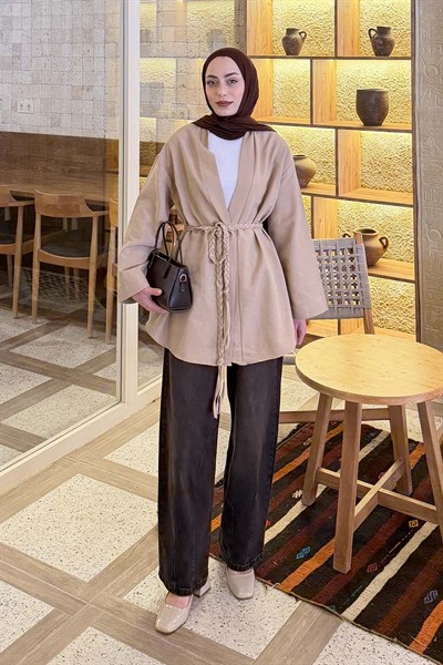 Örgü Bağlamalı Kimono Ceket Bej
