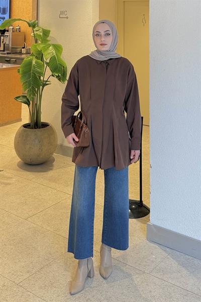 Ön Pile Detaylı Gömlek Kahverengi