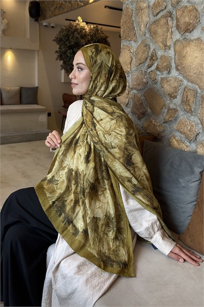 Vintage Flower Desen Bambu Şal Asker Yeşili