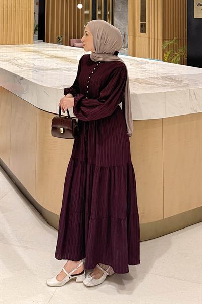 Biritli Tesettür Elbise Mürdüm