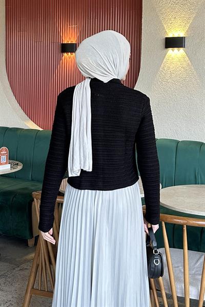 Links Desenli Crop Hırka Siyah