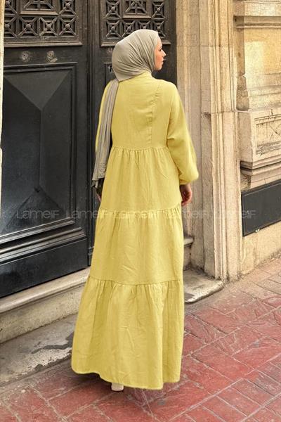 Ön Yarım Düğme Detaylı Müslin Kumaş Tesettür Elbise Sarı