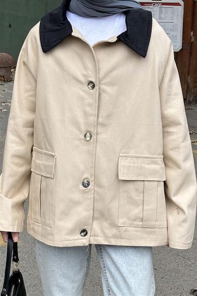 Yaka Detaylı Düğmeli Gabardin Ceket vizonrengi