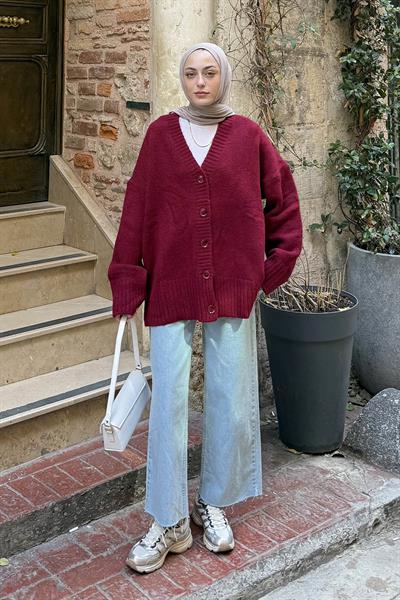 Salaş Dokulu Basic Hırka Bordo