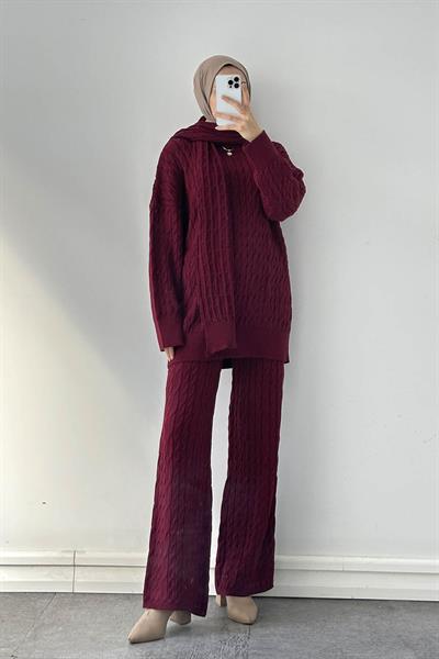 Atkılı Örülü Tesettür Takım Bordo
