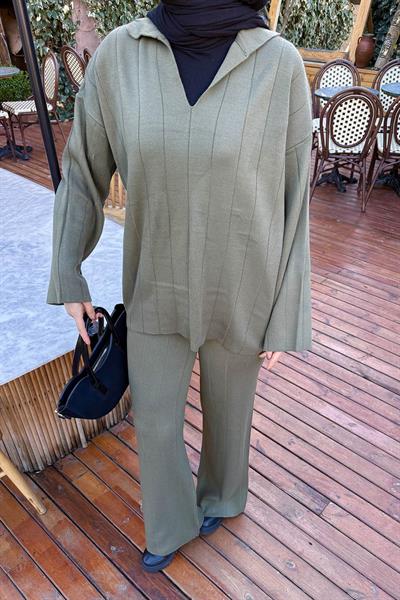 Yaka Detay İkili Tesettür Takım Haki