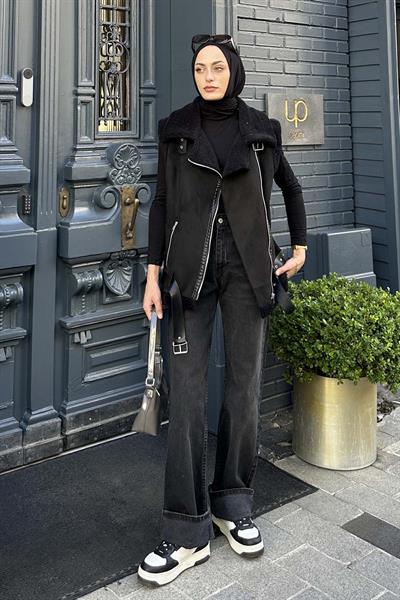 Kürk Detaylı Süet Yelek Siyah