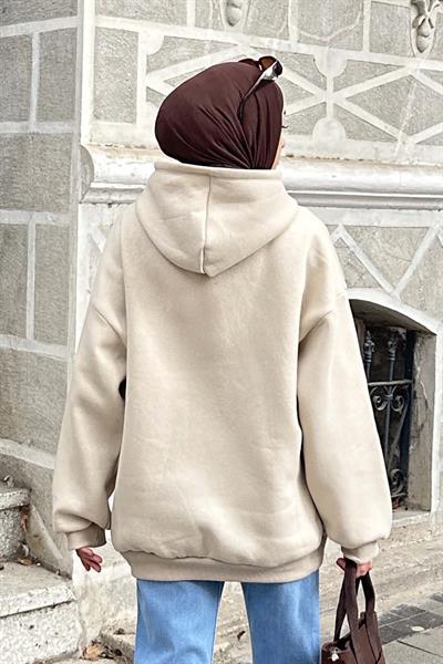 Kapüşonlu Oversize Yan Cepli Sweat Bej