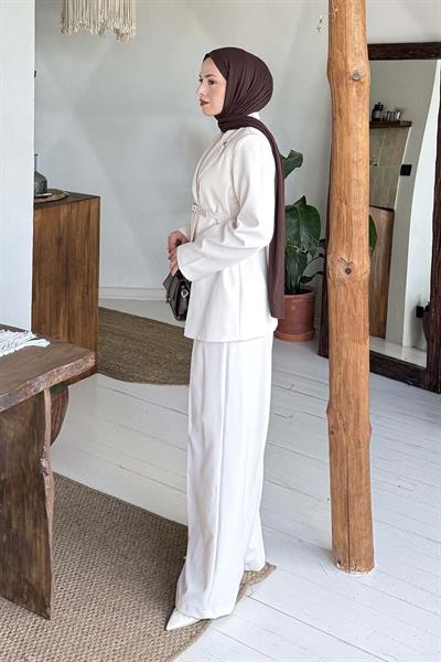 Pensli Ceket-Pantolon İkili Takım Krem