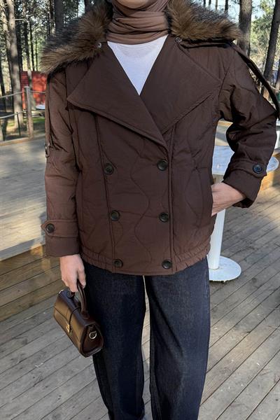 Kürk Yaka Düğmeli Mont Çikolata Kahve