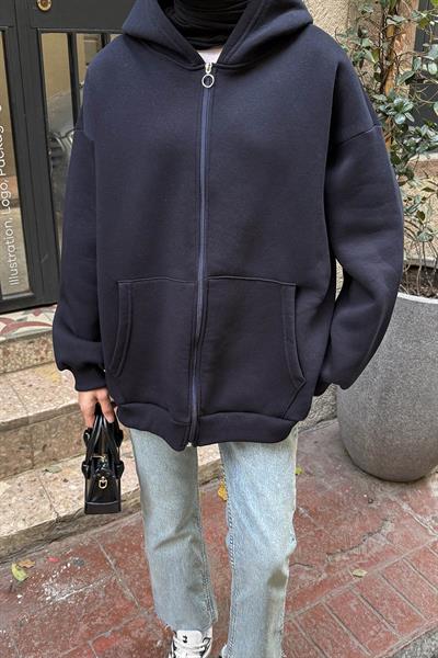 Kapüşonlu Oversize Yan Cepli Sweat Lacivert