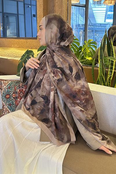 Gül Desen Bambu Şal Vizon Yeşil