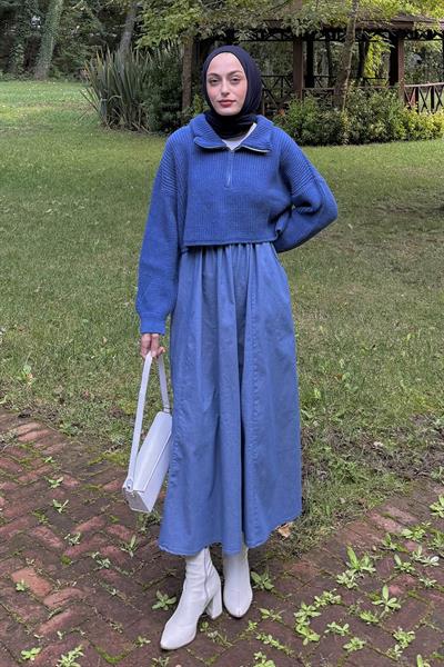 Yaka Fermuarlı Crop Triko Kazak İndigo