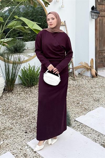 Büzgülü Tesettür Elbise Mürdüm