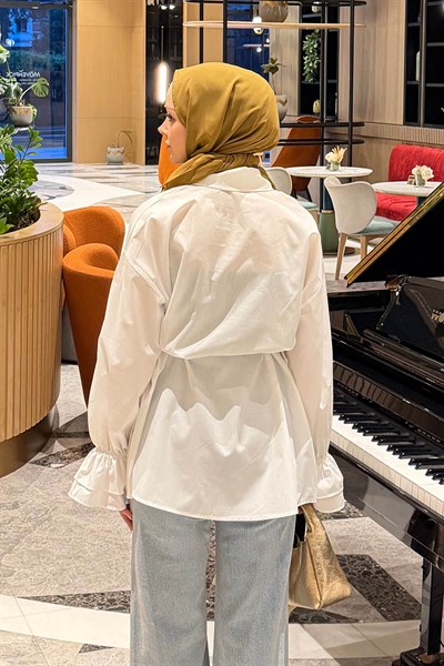 Fırfırlı Bağlama Detaylı Gömlek Beyaz
