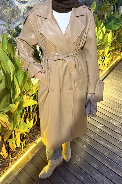 Omuz Apoletli Deri Trençkot Sütlü Kahve